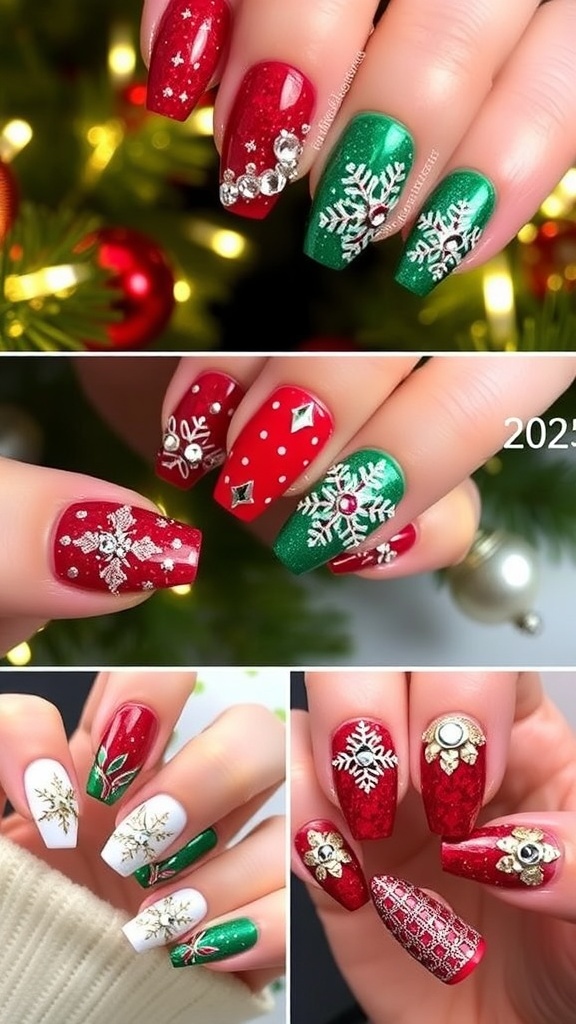 A display of trendy Christmas nail designs for 2025, featuring red, green, and metallic colors with festive patterns.